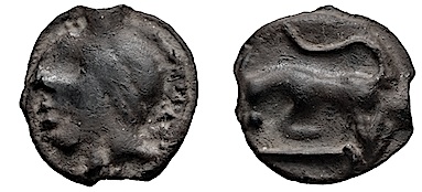 CELTIC COINAGE
              GAUL SEQUANES Sequani 80-59 B.C. Potin Unit, Besançon
              Vesontio celticized head Bull